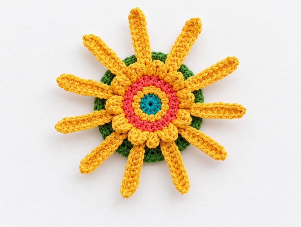 Part 4 · The golden flower (in the full pattern) · Step 4 · Each ring is dressed in turn: coral loops, gold loops, two l