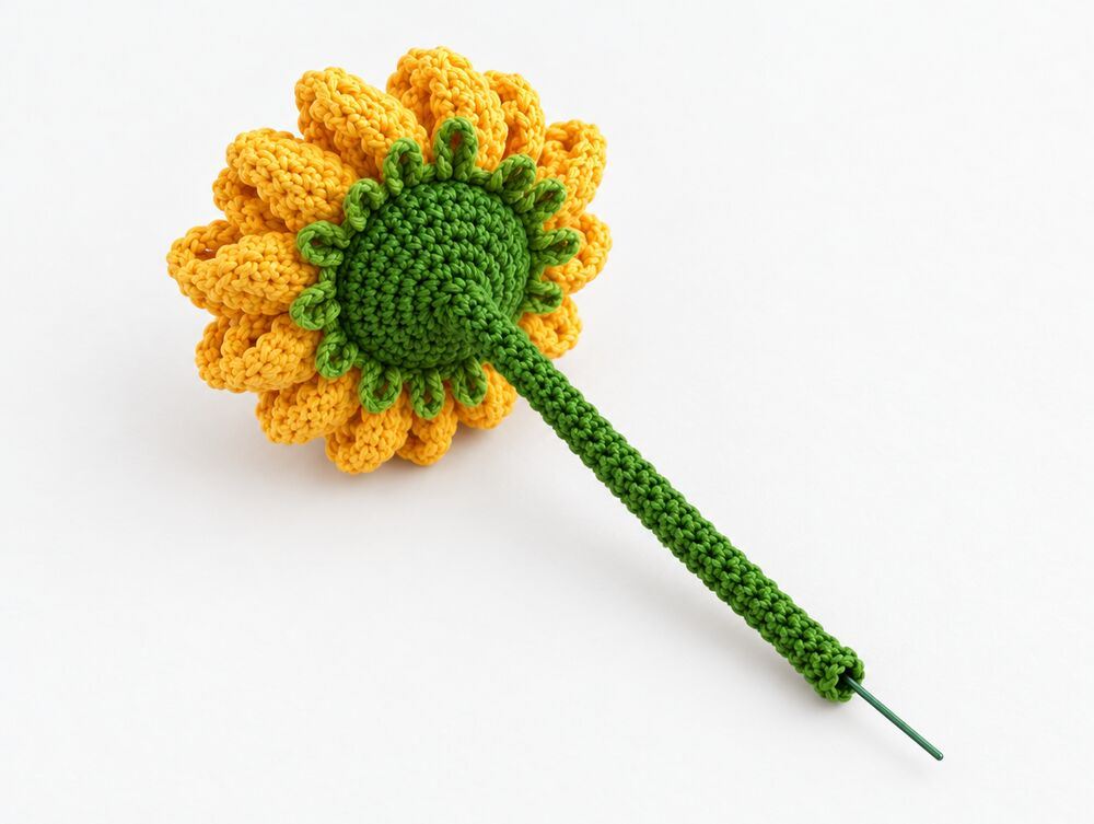 Part 4 · The golden flower (in the full pattern) · Step 5 · A long green stem with craft wire inside, and a violet bow w